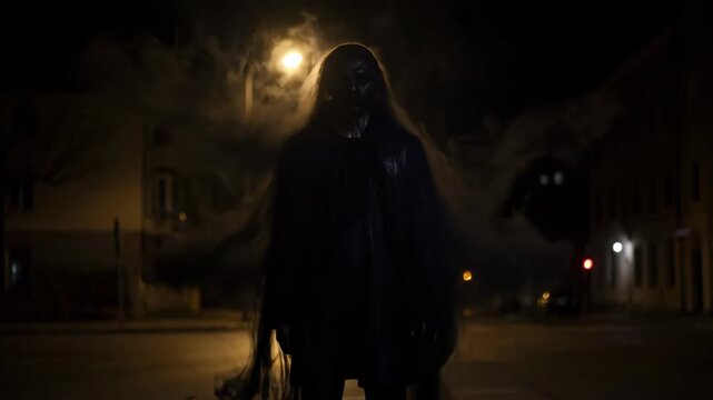 Shadow Wraith Transformation in City Street at Night - A mysterious figure shrouded in smoke transforms into a shadowy wraith on a dark city street, illuminated by flickering streetlights.