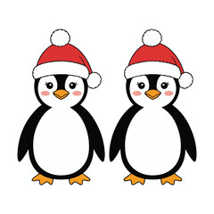 Christmas Vector with Family of Penguins Holding a Gift and a Tree
