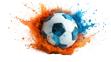 Soccer Splash A Dynamic Soccer Ball Surrounded by Vibrant Orange and Blue Splashes A Sporty Visual