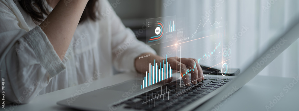 Poster data analytics dashboard with charts, indicators, and performance metrics, reveals trends, data anal