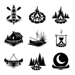 Vector art of collection of camping icons featuring a canoe, campfire, and pine trees, perfect for outdoor adventure designs