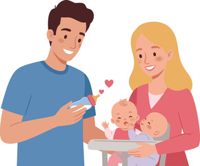 Parents caring for twins, baby feeding time, nurturing moment, family bonding, emotional warmth, love and affection, cheerful scene, parenting teamwork, home lifestyle