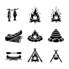 Vector art of set of canoe and campfire icons representing outdoor adventure, camping, and nature activities in a simple style