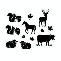 Vector art of silhouette of farm animals and autumn elements perfect for fallthemed designs and countrystyle projects