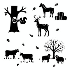 Vector art of silhouette of farm animals and autumn elements perfect for fallthemed designs and countrystyle projects