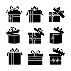 Vector art of set of nine gift boxes with ribbons and bows, ideal for festive occasions, birthdays, and special events