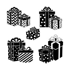 Vector art of collection of various gift boxes, featuring different patterns and sizes, ideal for festive and celebratory designs