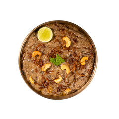 Traditional Mutton Haleem with Lemon, Brown Onions and Cashews as Garnish on a Transparent PNG Background