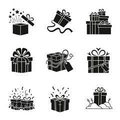 Vector art of black gift box icons, featuring various ribbons and celebratory elements, perfect for holiday and special occasion designs