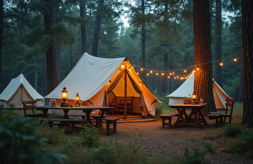 Luxury glamping tents in forest with illuminated string lights, lanterns on picnic tables. Outdoor furniture, decor in wilderness camping area. Wooden tables, benches near large tents in woods.
