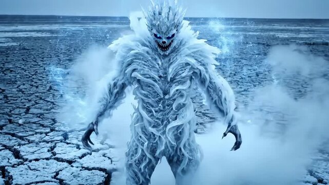 Ice Wraith Transformation - A monstrous ice wraith emerges from a man, its icy form emanating frost and chilling the cracked earth below.