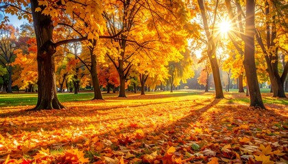 Golden autumn leaves blanket a park, bathed in sunlight, casting long shadows across the grassy expanse.