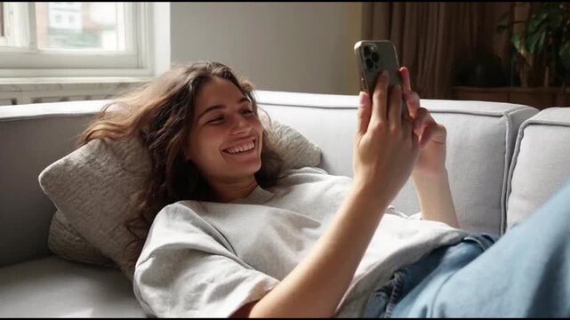 Relaxed young woman lying on sofa in living room using smart phone. Lazy happy millennial lady customer surfing social media, shopping in app, playing mobile game, texting sms looking at cell at home