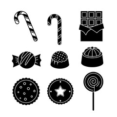 Vector art of assortment of delicious sweets, including candy cane, chocolate bar, lollipop, cookie, and other confectionery treats