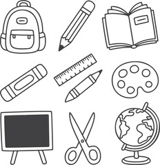 Hand drawn school supplies doodle collection. Black and white outline icons for education and learning themes