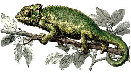Obraz premium Detailed Vintage Engraved Illustration of Chameleon and Branch