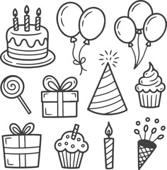 Festive Birthday Party Elements Collection - Cake, Balloons, Cupcakes, Gifts and More Fun Decorations