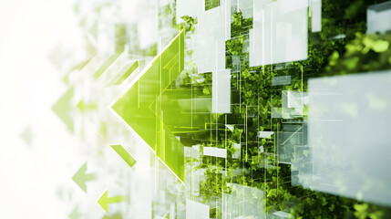 A green arrow symbolizing growth set against a backdrop of digital elements and greenery, representing progress in a tech and nature integrated context.