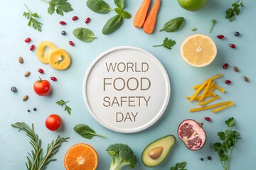 World Food Safety Day: A vibrant flat lay of fresh fruits and vegetables promoting safe food, healthy eating, and global nutrition awareness.
AI-generated image, 
