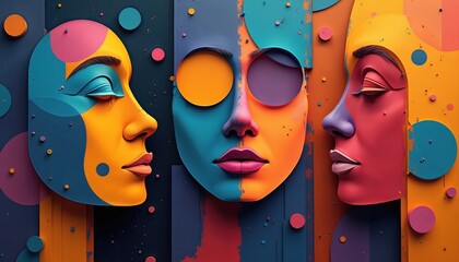 Obraz premium Abstract faces blend in vibrant color blocks. Three profiles with bold makeup and geometric shapes create a surreal, modern portrait art. Digital illustration.