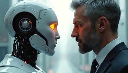 Businessman confronts advanced humanoid robot. Look at with intense gaze. Photo shows artificial intelligence, human machine interaction, future tech. AI concept explores robotics changing modern