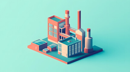 Obraz premium Isometric illustration depicts a modern industrial factory with various structures and chimneys, showcasing industrial architecture.