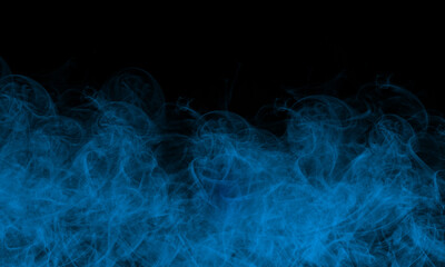 Abstract blue smoke rising against a dark black background, Dark blue smoke with thick fog and misty effect