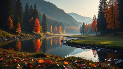 Autumn forest landscape with river and colorful foliage reflection scenic view