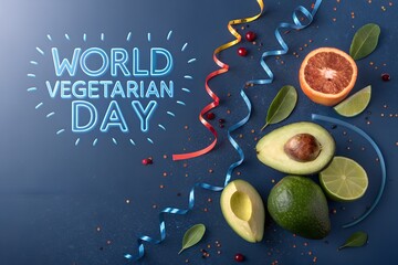 Celebrate World Vegetarian Day! A vibrant, festive flat lay of fresh avocado, citrus, and confetti with a glowing neon sign for a healthy plant-based party.
AI-generated image, 