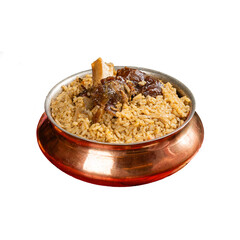 Mutton Seeraga Samba Biryani in a Copper Pot on a Transparent PNG Background
