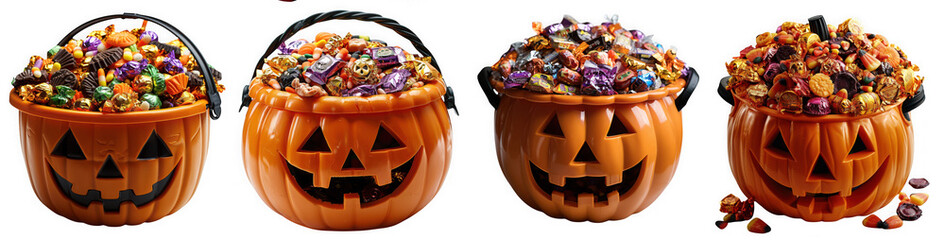 Four orange jackolantern candy buckets filled with assorted candies isolated on transparent background