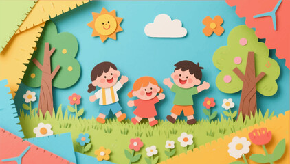 Obraz premium An illustration of an application in the style of handmade children's creativity made of colored paper by children playing in the forest. Vector graphics. EPS.