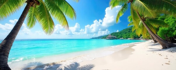 Naklejka premium Sun-drenched beach scene with vibrant turquoise water, soft white sand, and lush palm trees swaying gently in the breeze Perfect for summer holiday promotions , yellow, sky