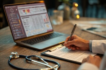 A close-up of a businesswoman's hand writing on a notebook with a pen while working at her office desk with a laptop