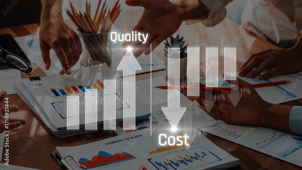 Poster a dynamic business meeting focusing on quality and cost analysis, emphasizing teamwork, data visuali