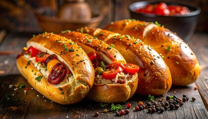 Delicious gourmet hot dogs with fresh toppings and a side of ketchup, ready to eat