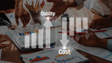 A dynamic business meeting focusing on quality and cost analysis, emphasizing teamwork, data visualization, and strategic planning in a modern office environment. Raster