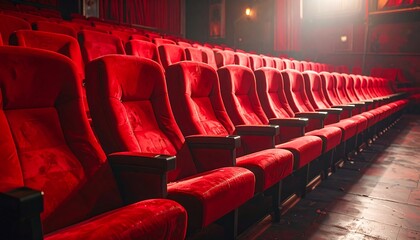 Rows of deep red velvet  theater seats extend into the darkened auditorium.