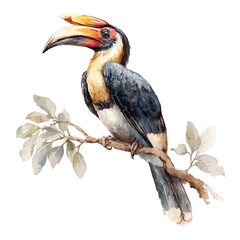 Hornbill, watercolor painting, vector illustration, isolated on a white background.