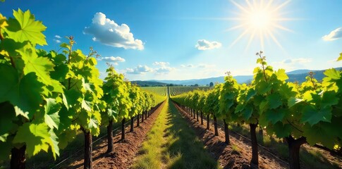 Sun-Drenched Vineyard Landscape Rolling Rows of Grapevines Stretching to a Bright Blue Horizon, Lush Green Leaves, Picturesque Wine Country Scene Perfect for Tourism and Wine Label Design