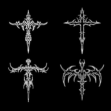 Set of cyber sigilism cross intricate patterns, tribal gothic abstract symmetrical shapes styles vector design for tattoo, dark wear print apparel merchandise 