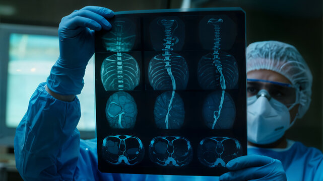 xray concept a doctor hands holding and analyzes spine radiography concepto de rayos x un médico sostiene y analiza una radiografía columna vertebral concept de radiographie un médecin tient analyse