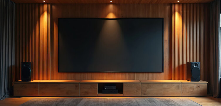 Modern home theater with large screen TV, wood paneling, speakers, and media console. Minimalist interior design with ambient lighting. Entertainment space for movies, games. - Powered by Adobe