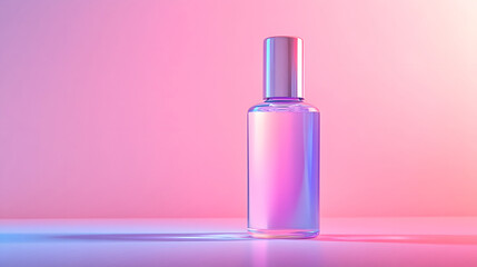 A transparent cosmetic bottle with gradient colors stands on a pastel background, showcasing modern design and vibrant hues.