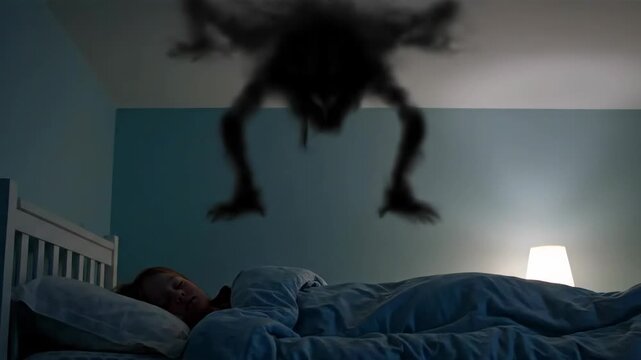 Shadow Demon over Sleeping Child - A blurry, shadowy figure resembling a demon crawls across the ceiling above a sleeping child in a dark bedroom. The child is unaware of the ominous presence.