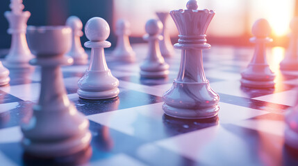 Close-up of chess pieces on a board, highlighting strategic elements in a game of chess.