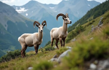 Fototapeta premium Two ibex goats stand on grassy mountain slope. Majestic wild animals with large horns graze in terrain with blurred background of peaks. Wildlife in natural habitat.