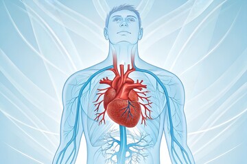 Human heart and cardiovascular system anatomy. A medical illustration of the circulatory system showing arteries, veins, and blood flow for health education.
AI-generated image, 