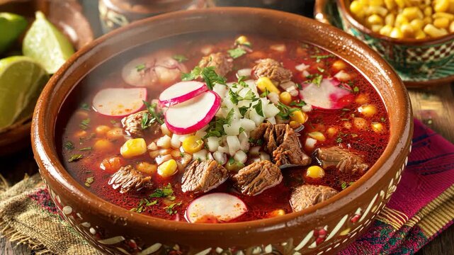 Traditional mexican pozole rojo soup in a rustic clay bowl with garnishes, 4k video