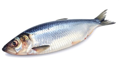 Obraz premium A whole fresh herring, lying diagonally, displays its silvery-gray scales and delicate fin structure against a crisp white background.